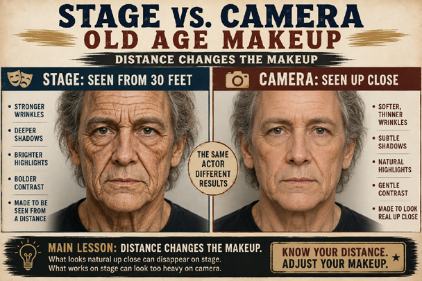 DIY Old Age Makeup comparison showing stronger wrinkles, shadows, and highlights for stage versus softer, subtle aging effects for camera close-ups.