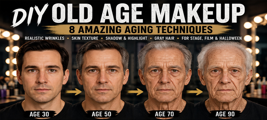 DIY Old Age Makeup showing a realistic age progression from 30 to 90 using wrinkles, skin texture, shadows, highlights, and gray hair.