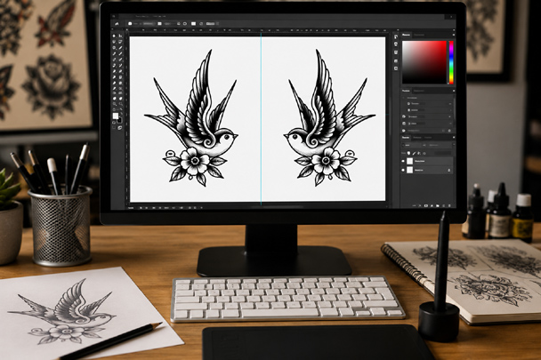 DIY Temporary Tattoos design being mirrored on a computer screen before printing onto temporary tattoo paper.