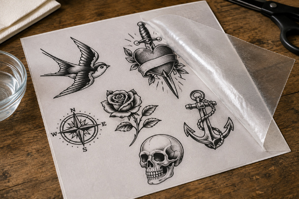 DIY Temporary Tattoos printed on tattoo paper with the clear adhesive layer being applied over the finished designs.