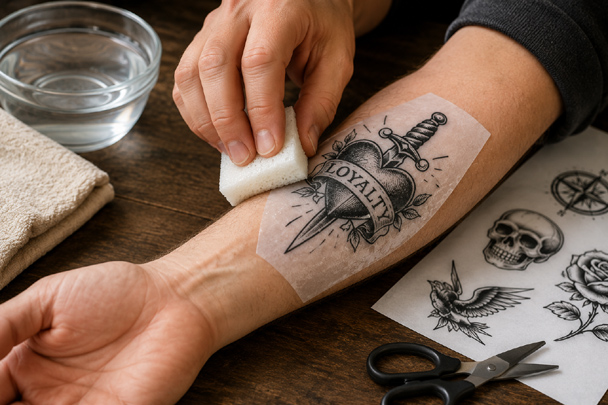 DIY Temporary Tattoos being applied to a forearm with a damp sponge to transfer the printed design onto the skin.