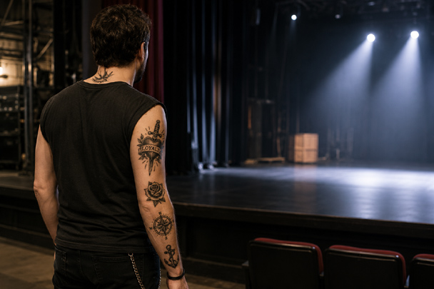 DIY Temporary Tattoos viewed from several feet away on an actor to test their visibility for stage using the 20-Foot Rule.