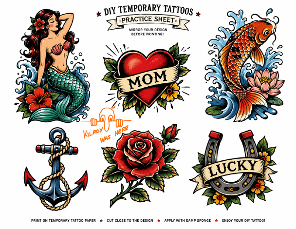 DIY Temporary Tattoos free printable practice sheet with colorful mermaid, MOM heart, koi fish, anchor, rose, and lucky horseshoe designs.