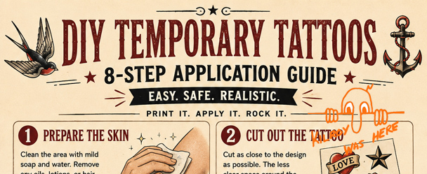 DIY Temporary Tattoos infographic showing eight steps for preparing the skin, applying a transfer, drying it, and caring for the finished tattoo.