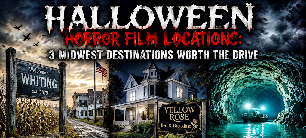 Horror-themed travel collage featuring real Halloween horror film locations in the Midwest, including a small Iowa town from Children of the Corn, a haunted bed and breakfast in Minnesota, and Missouri's underground Bonne Terre Mine.