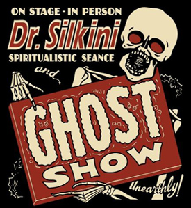 Vintage Spook Show poster advertising a midnight ghost show with skeletons, spirits, and supernatural thrills.