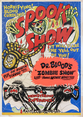 Colorful 1940s Spook Show poster featuring ghosts, magic, monsters, and a live midnight stage performance.