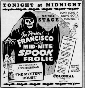 Collection of vintage Spook Show posters showcasing classic Halloween stage entertainment from the mid-twentieth century.