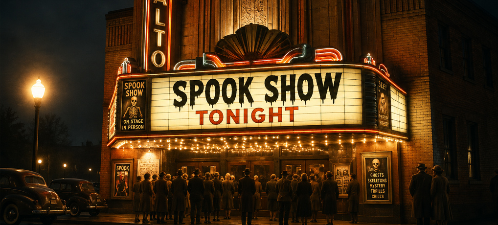 Art Deco theater at midnight with a glowing "Spook Show Tonight" marquee as a crowd gathers for a live Halloween stage performance.