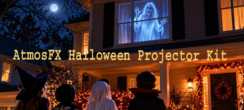 AtmosFX Halloween projector creating a ghost in a house window