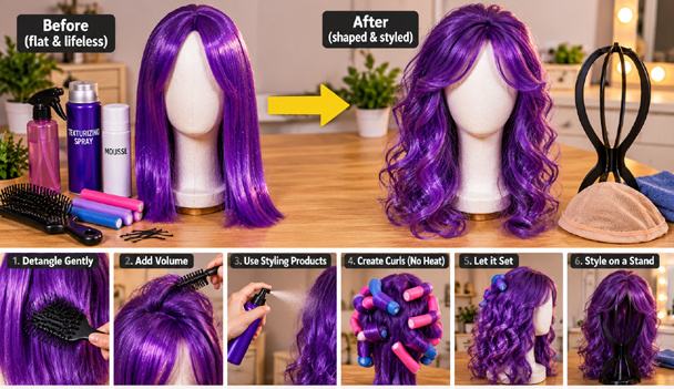 Cheap Halloween wig before and after shaping, detangling, adding volume and creating curls