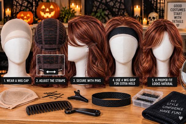 Cheap Halloween wig fitting steps using a wig cap, adjustment straps, bobby pins and wig grip