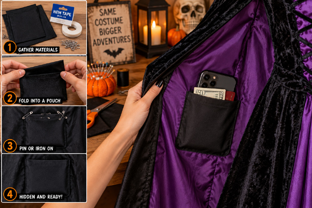 Halloween costume pockets made from black fabric and attached inside a witch costume for hidden phone, cash, and card storage.