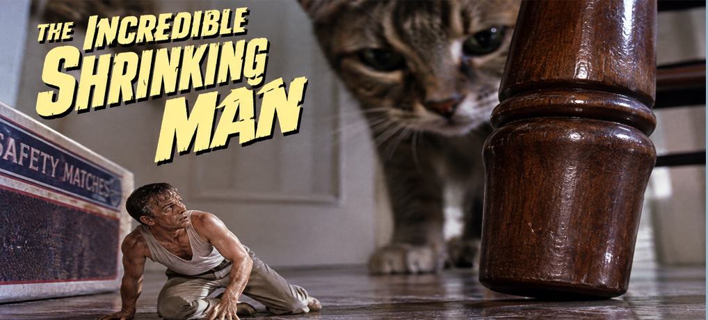 Incredible Shrinking Man special effects showing a tiny man beside oversized furniture as a giant cat approaches