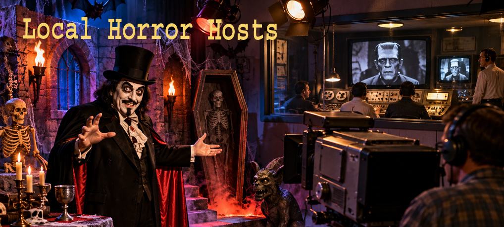 Local horror hosts performing on a homemade late-night television set