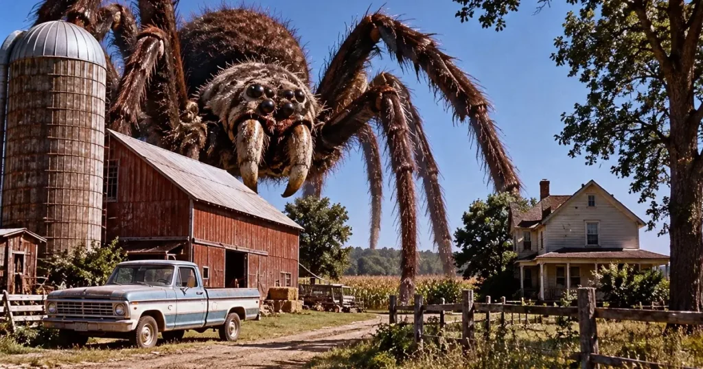 Giant spider towers over a Wisconsin farmhouse and barn in a scene inspired by Bill Rebane's The Giant Spider Invasion (1975).