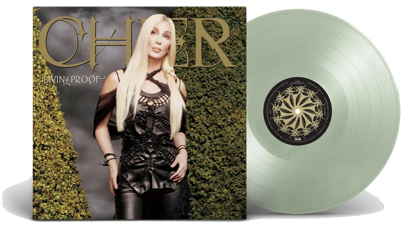 Cher Living Proof Review LP on cola-bottle green vinyl displayed with the album cover and record player.