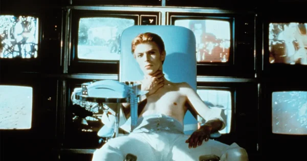 David Bowie in The Man Who Fell to Earth (1976), featured in the David Bowie: Five Years Review, exploring five defining years of his legendary career.