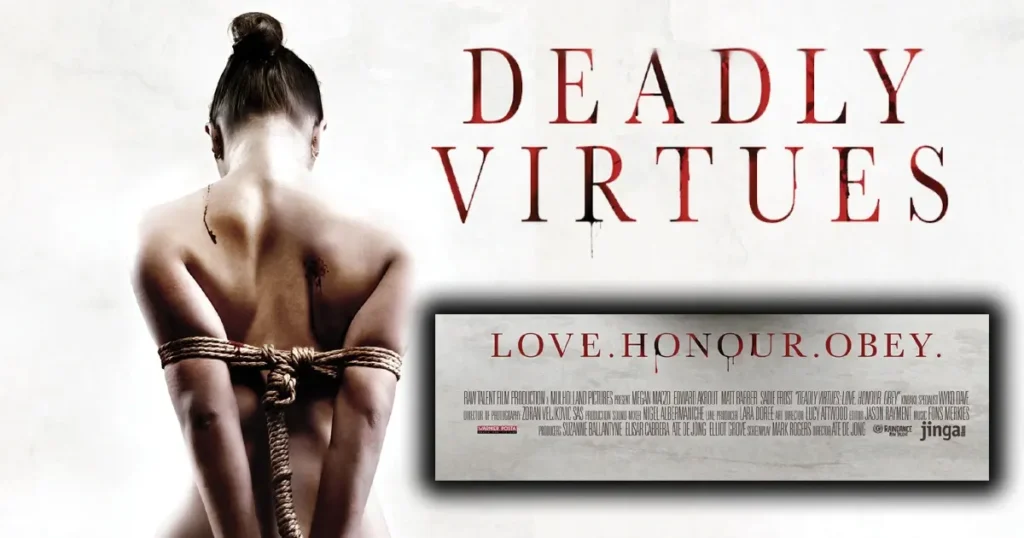Deadly Virtues Review featuring a frightened woman tied with rope during a terrifying home invasion