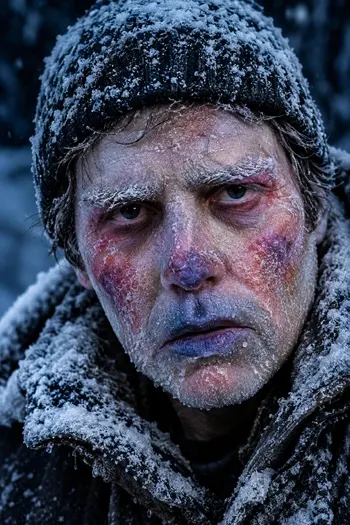 DIY Frostbite Makeup showing a frozen face with red and purple cheeks, blue lips, frosted eyebrows, and realistic icy skin.