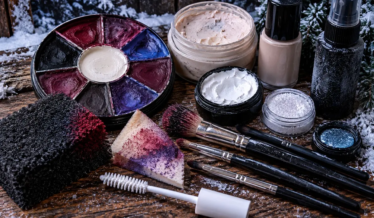 DIY Frostbite Makeup supplies including a bruise color wheel, stipple sponges, makeup brushes, pale foundation, and frost effects.