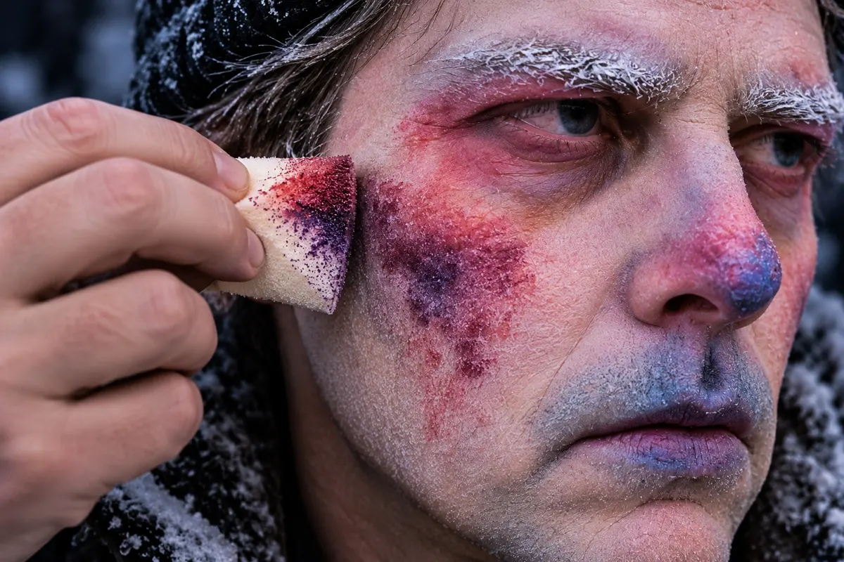 DIY Frostbite Makeup application using a sponge to stipple red and purple colors onto the cheek for realistic cold-damaged skin.