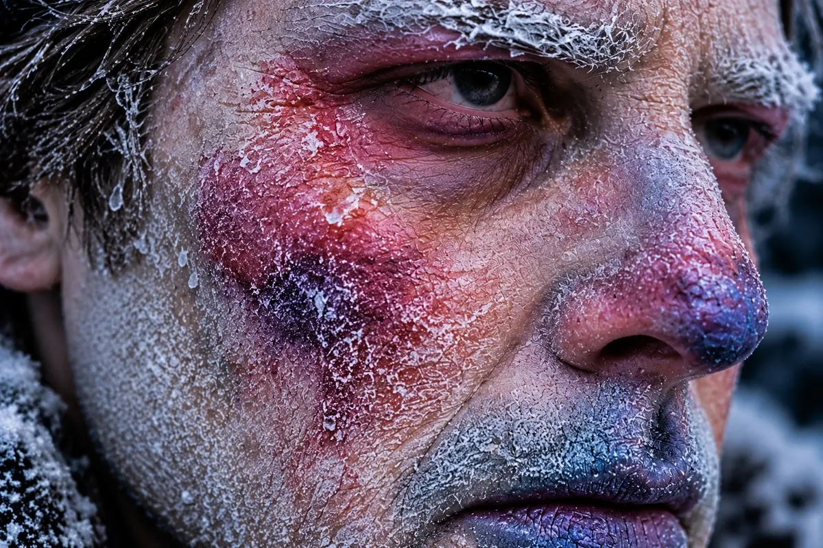 DIY Frostbite Makeup close-up showing cracked icy skin, purple bruising, frosted eyebrows, and a blue-purple nose and lips.