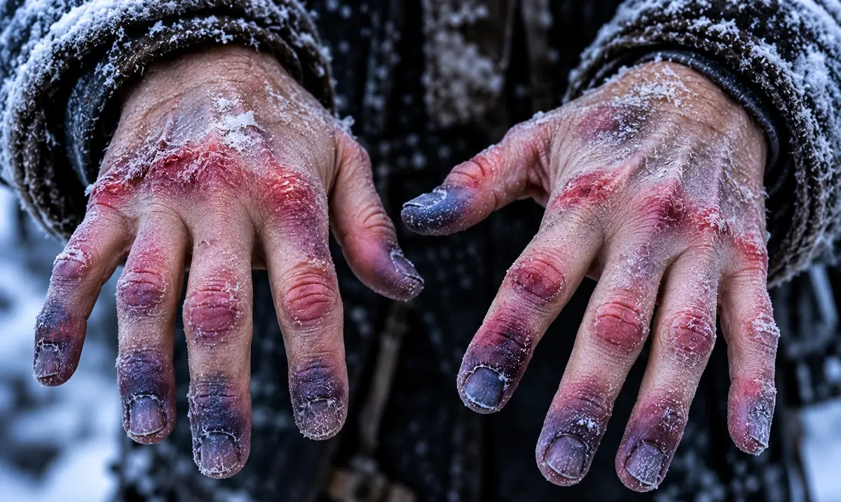 DIY Frostbite Makeup on hands showing red knuckles, purple fingertips, pale skin, and realistic frost-covered fingers.