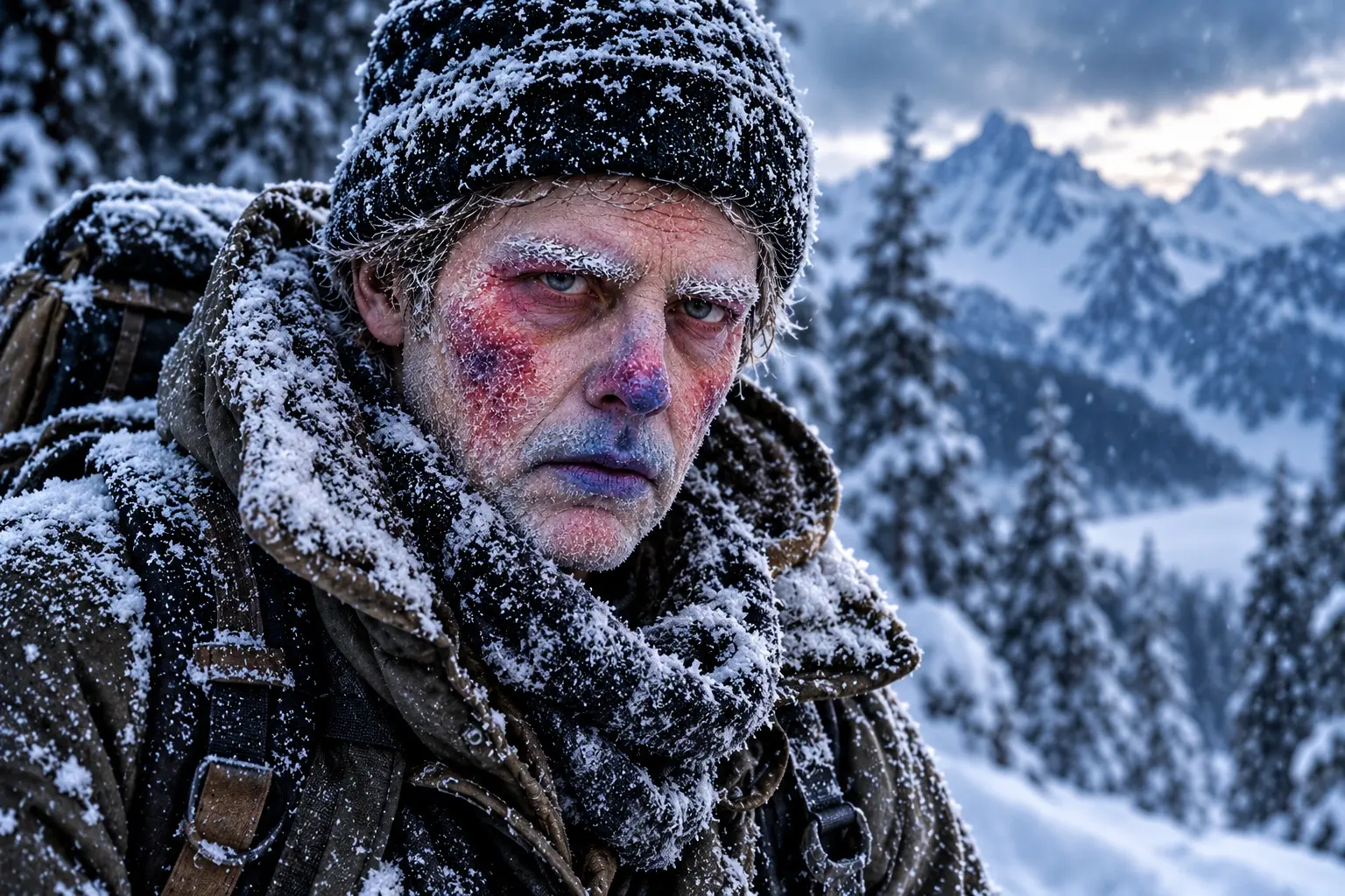 DIY Frostbite Makeup on a frozen mountain explorer wearing a snow-covered winter parka, knit hat, scarf, and backpack.