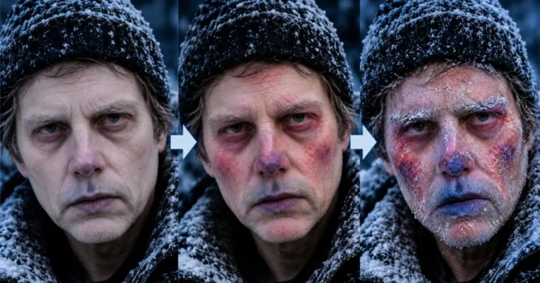 Alt Text: DIY Frostbite Makeup with pale skin and stippled red, purple and blue frozen patches on the nose, cheeks and ears