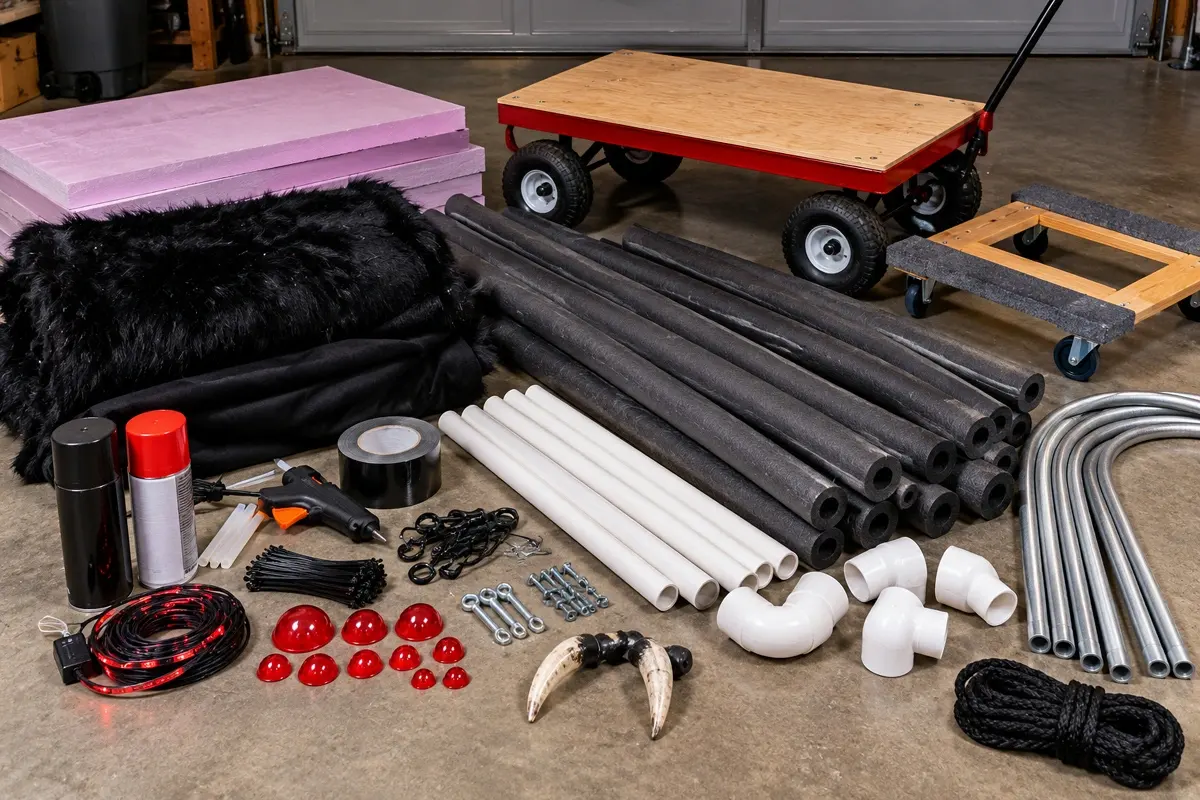 DIY Giant Rolling Spider materials arranged on a garage floor, including foam insulation tubes, PVC pipes, black faux fur, red eyes, and a rolling wagon.