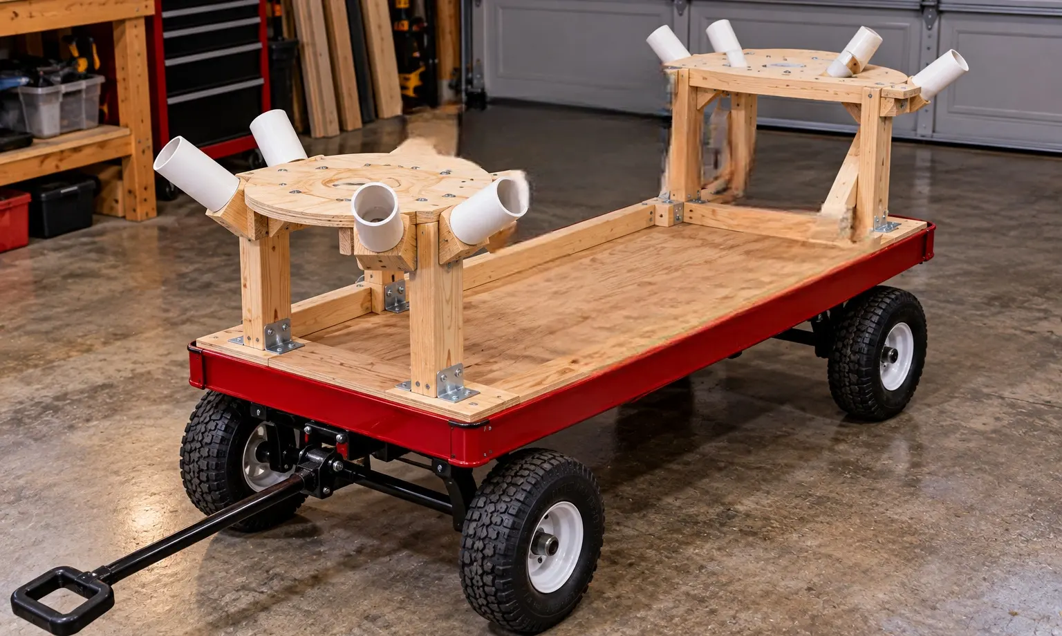 DIY Giant Rolling Spider construction showing a red wagon with a wooden support frame and PVC leg mounting sockets in a garage workshop.