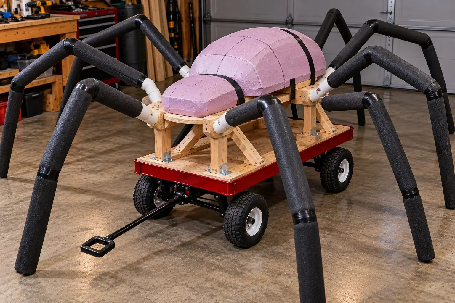 DIY Giant Rolling Spider under construction with a pink foam body, eight black PVC legs, and a wooden support frame mounted on a red wagon.