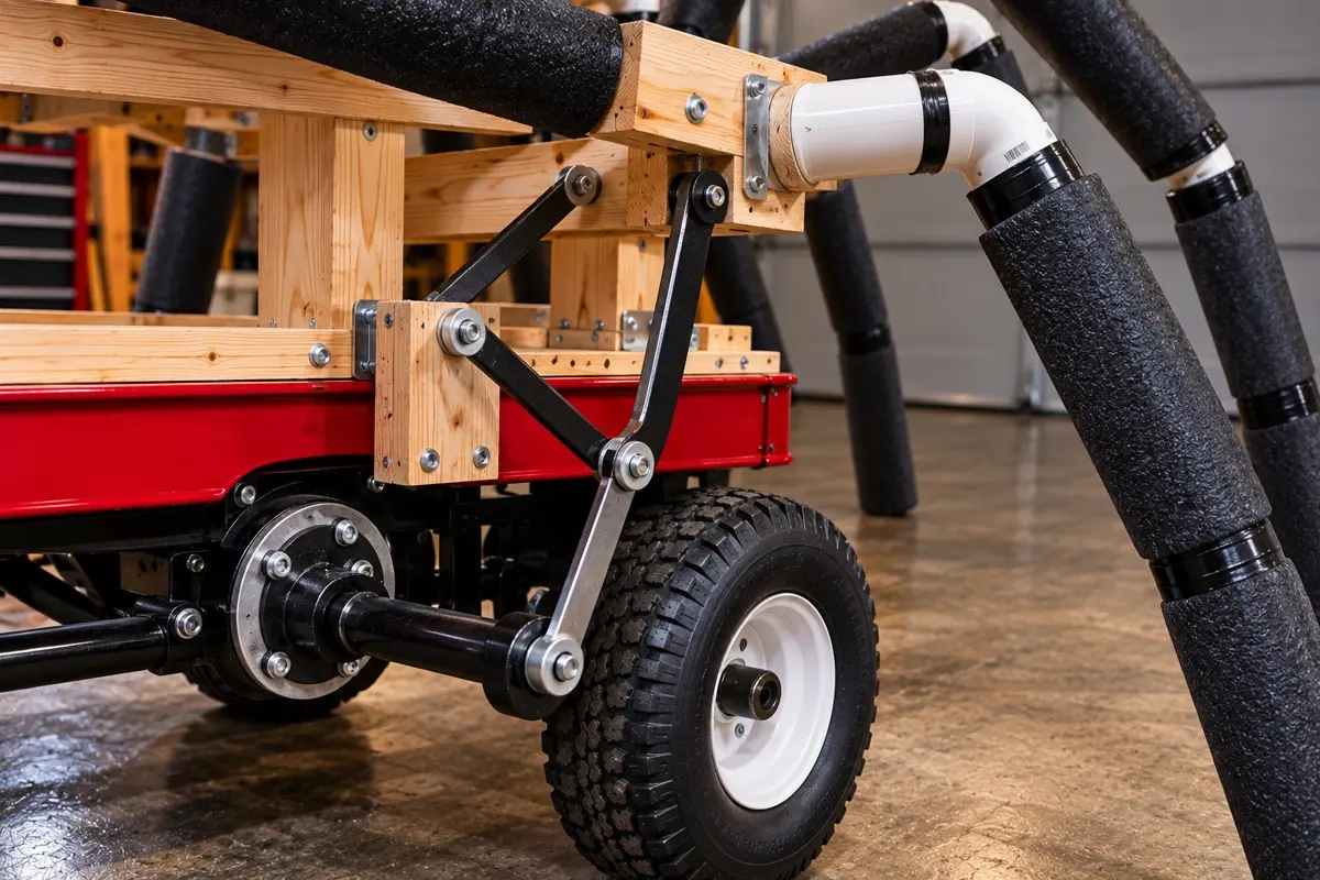 DIY Giant Rolling Spider crawling mechanism showing a wheel-driven crank, metal linkage, and foam-covered PVC spider leg attached to a wooden frame.