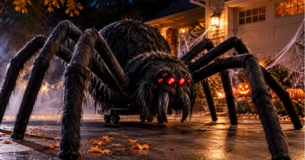 DIY giant rolling spider built from foam legs and a wagon base crawling across a driveway