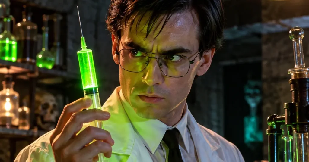 Build a DIY Herbert West Costume from Re-Animator with a lab coat, black tie, wire-frame glasses and the unmistakable glowing green reagent.