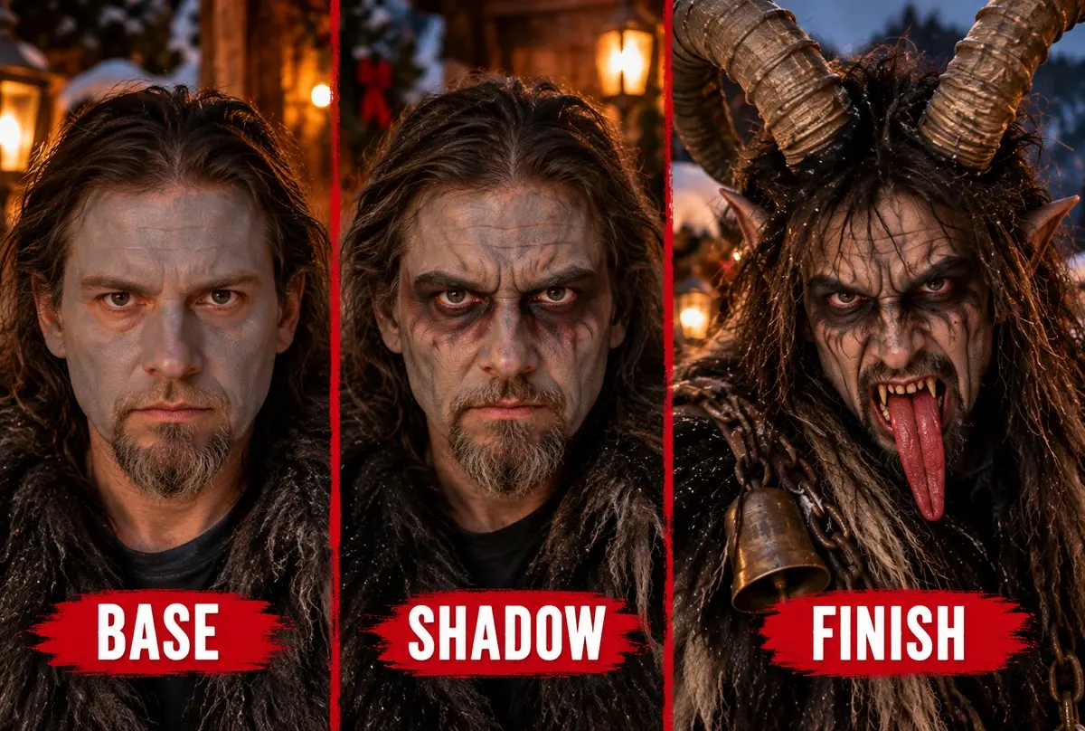 Steps showing the Hair and Makeup for your DIY Krampus Costume