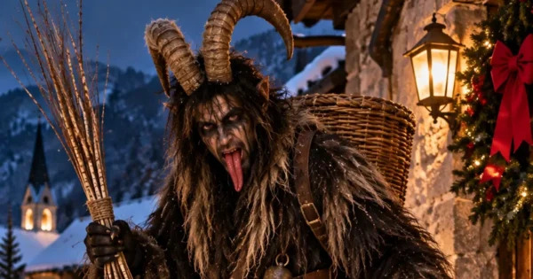 DIY Krampus Costume with sculpted horns, shaggy dark faux fur, rusty chains, bells and a birch switch