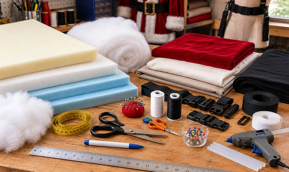 DIY Santa Belly materials and tools including upholstery foam, polyester batting, fabric, measuring tape, scissors, straps, and buckles.