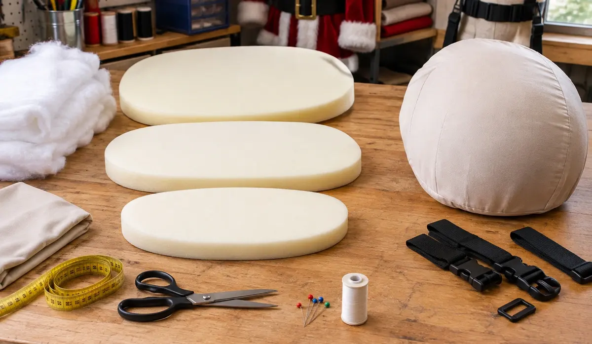 DIY Santa Belly foam layers stacked from largest to smallest on a workbench with costume-making supplies.