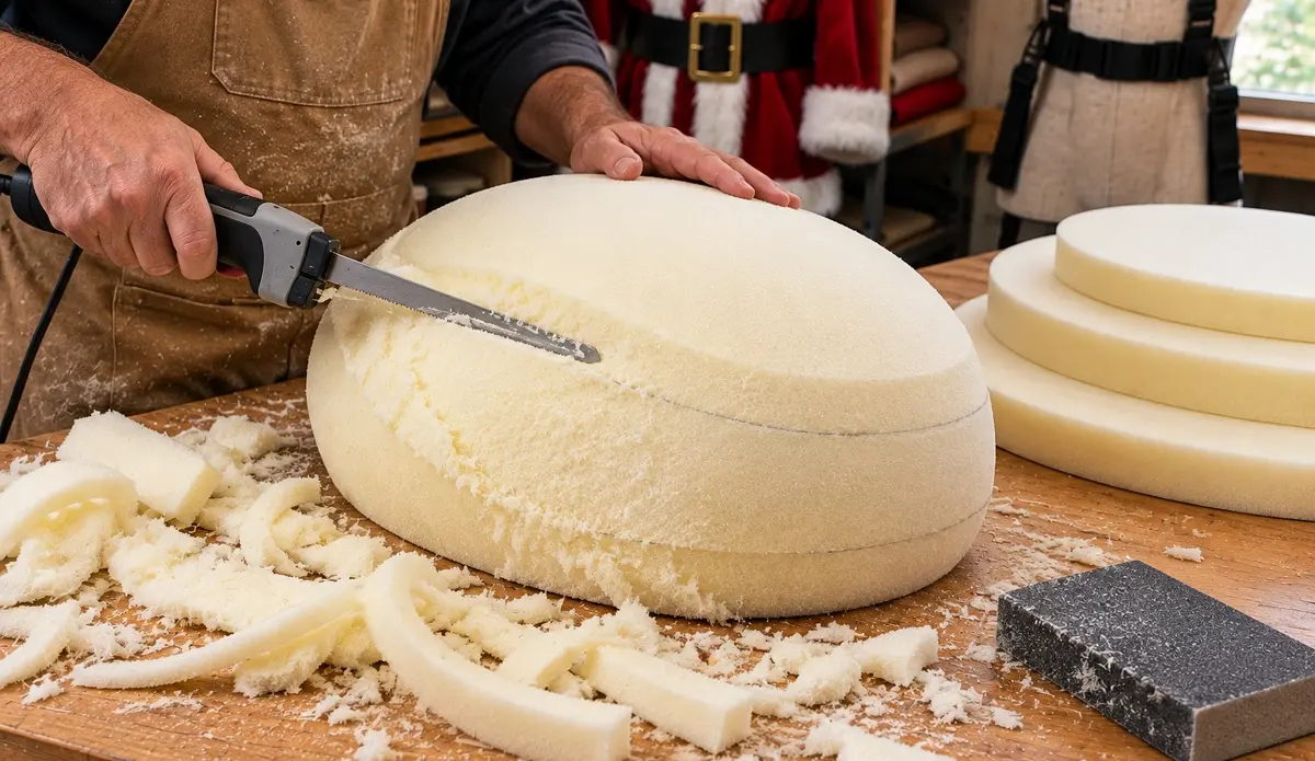 DIY Santa Belly professional construction showing upholstery foam being carved and shaped with an electric knife to create a realistic rounded stomach.