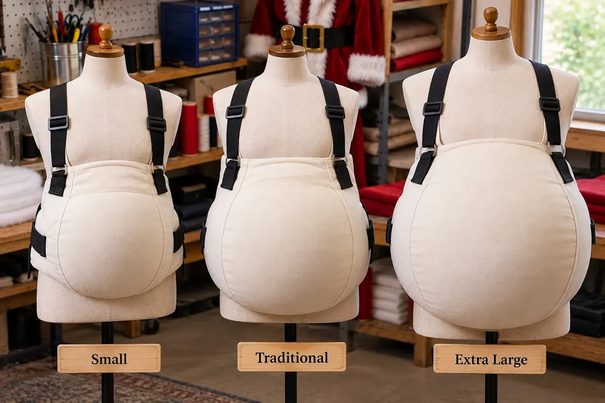 DIY Santa Belly size comparison showing small, traditional, and extra-large padded Santa bellies on mannequins with adjustable harness straps.