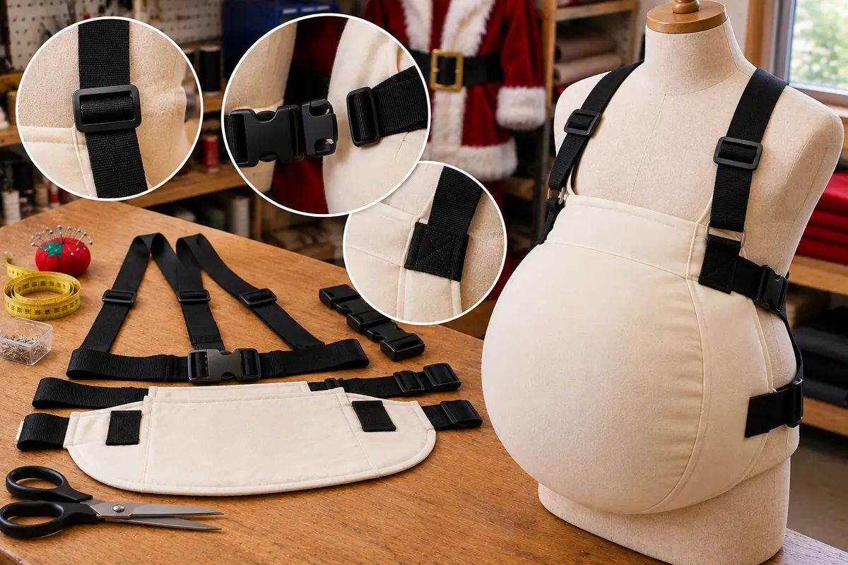 DIY Santa Belly harness construction showing adjustable shoulder straps, buckles, reinforced stitching, and padded belly support on a mannequin.