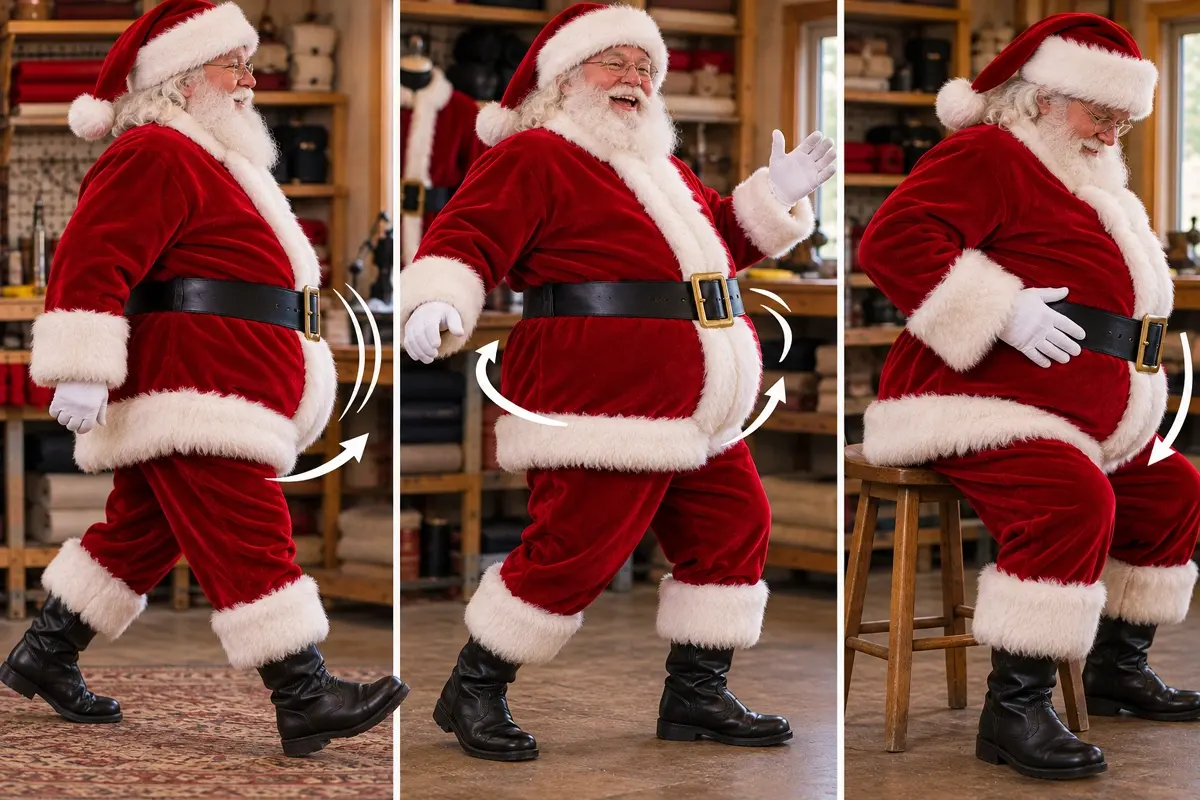 DIY Santa Belly showing realistic movement as Santa walks, turns, and sits while wearing flexible costume padding.