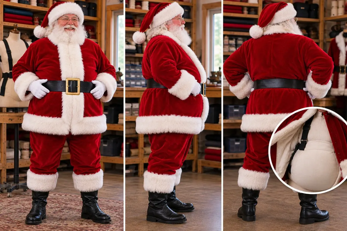 DIY Santa Belly fitted beneath a red velvet Santa Claus suit, showing front, side, and back views with proper belt placement and concealed padding.