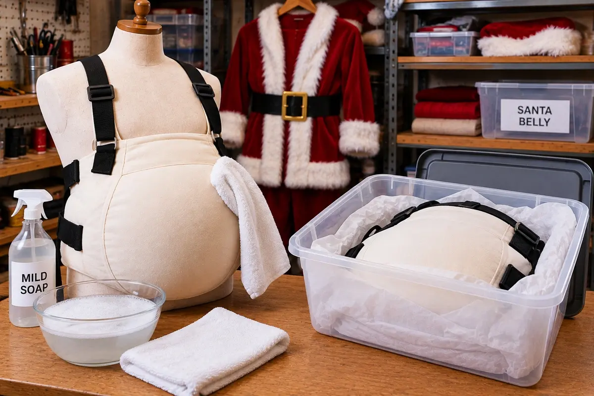 DIY Santa Belly care and storage showing gentle cleaning supplies, padded Santa belly harness, and protective storage container.