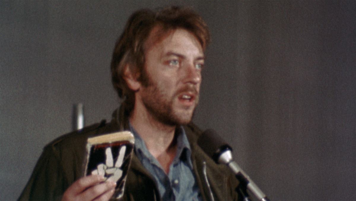 Donald Sutherland speaking during the anti-war entertainment tour featured in the F.T.A. Review.