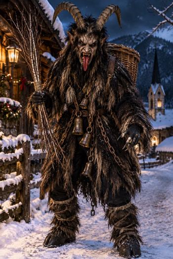 History of Krampusnacht featuring a full-body view of the legendary Krampus with large horns, shaggy fur, a frightening face, and chains from Alpine Christmas folklore.