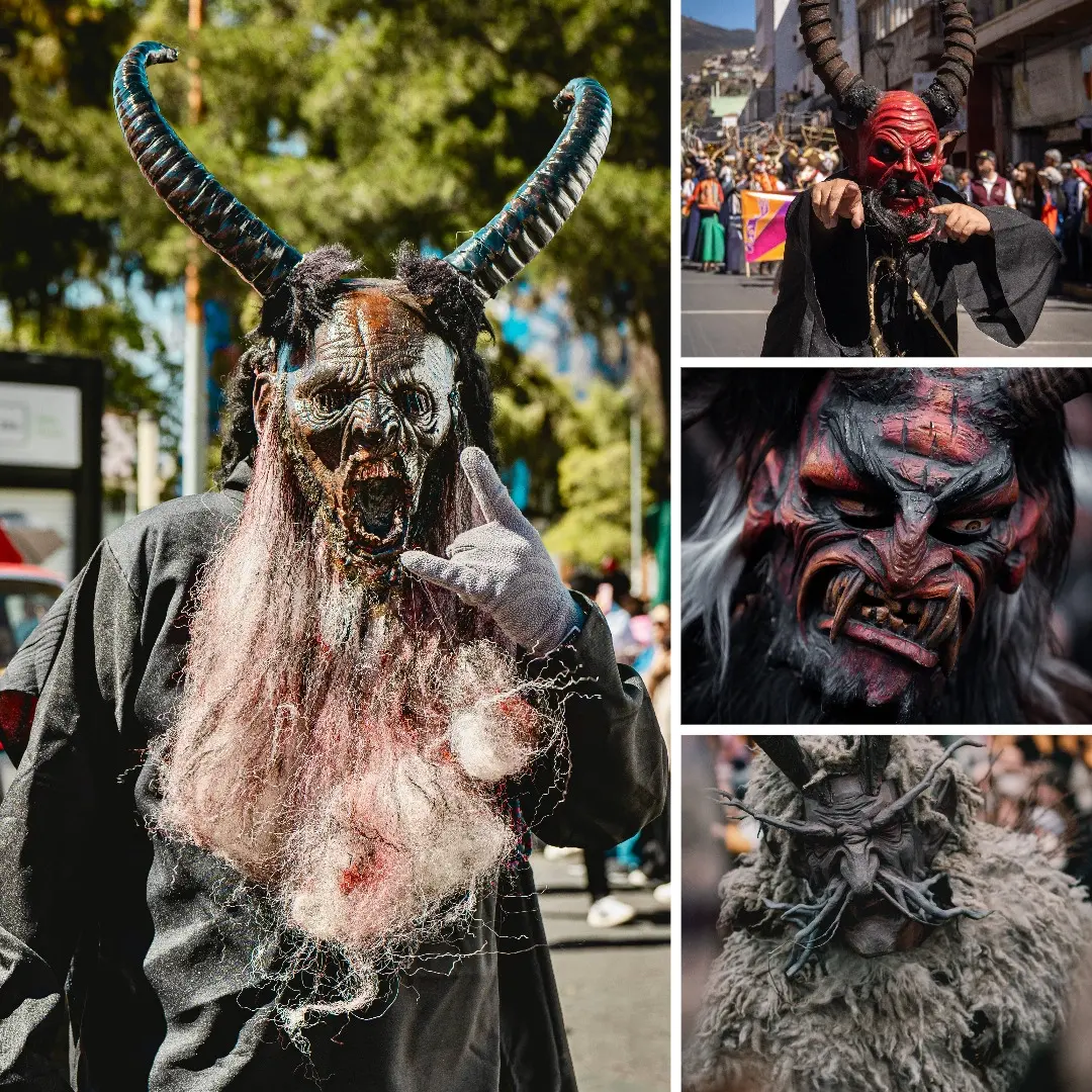 History of Krampusnacht collage featuring four frightening Krampus masks worn during traditional Alpine Christmas parades, each with distinctive horns and monstrous features.