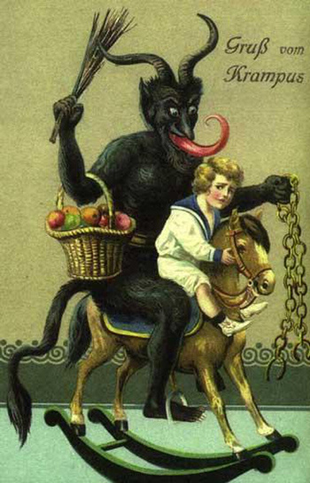History of Krampusnacht featuring a vintage Krampus Christmas postcard from the early 1900s, depicting the horned figure from traditional European holiday folklore.